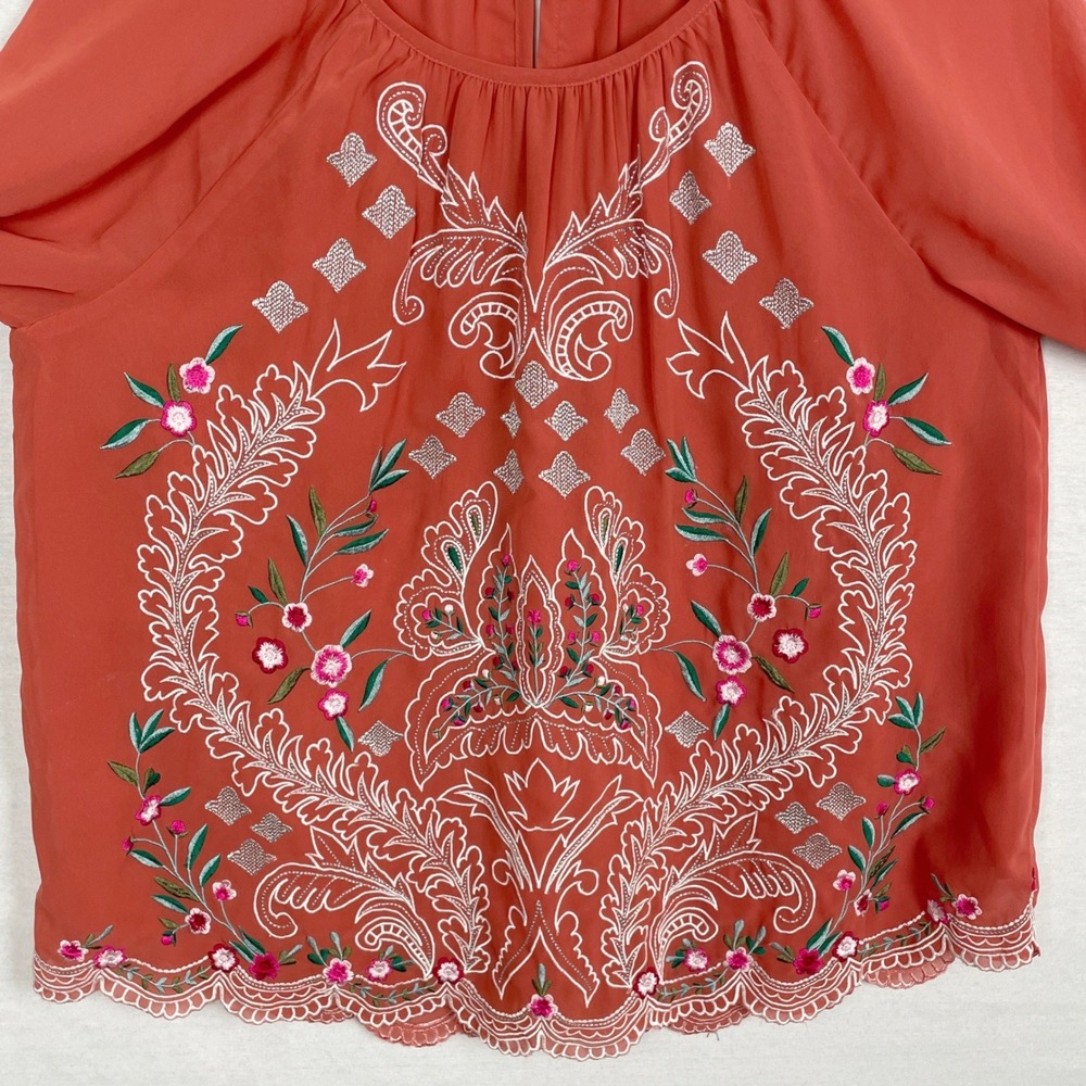 Soft Surroundings Embroidered Floral Blouse Top Womens L Scalloped Hem Boho Chic - Picture 3 of 9
